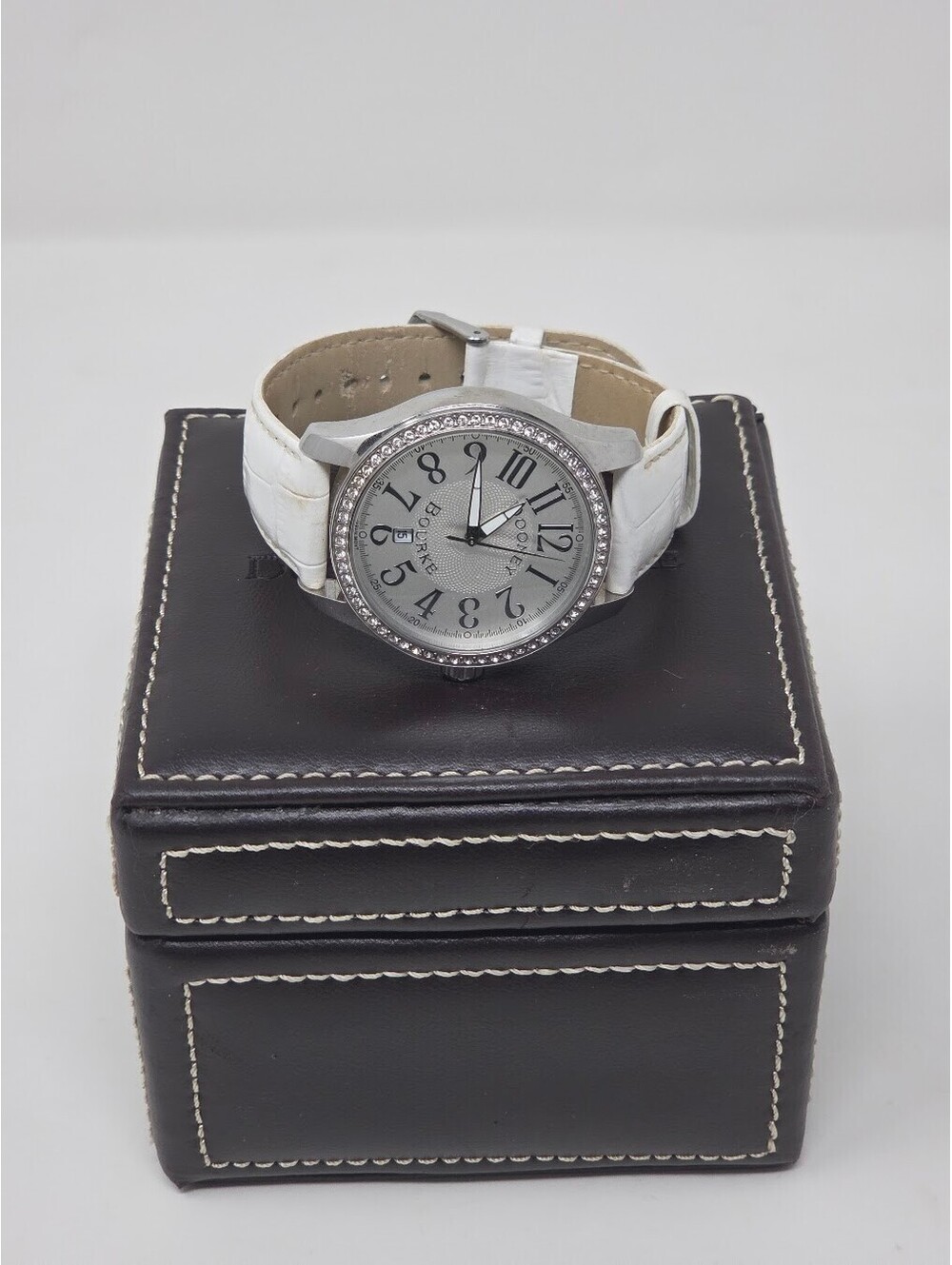 Dooney and Bourke Ladies Wristwatch White Strap Crystal Bezel Date Box